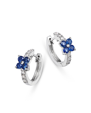 Bloomingdale's Blue Sapphire & Diamond Flower Huggie Hoop Earrings In 14k White Gold In Blue/white
