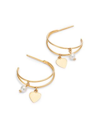 14K Yellow Gold Freshwater Pearl & Polished Heart Dangle Hoop Earrings