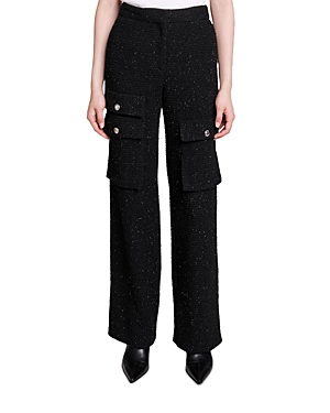 Maje Flared Tweed Cargo Trousers In Black