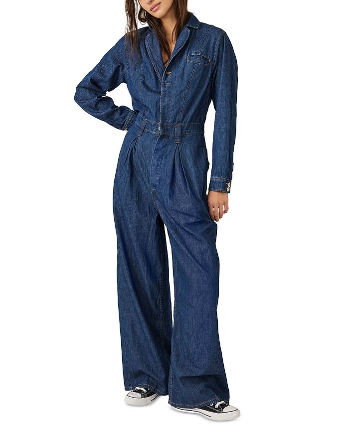 Straight, rinse wash denim jumpsuit with topstitching - Blue