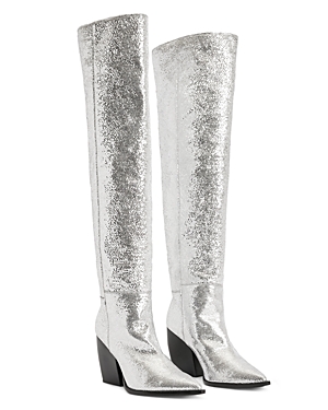 Shop Allsaints Women's Reina Metallic Pointed Toe High Heel Boots In Silver