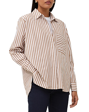 French Connection Thick Stripe Relaxed Fit Popover Shirt In White/tobacco
