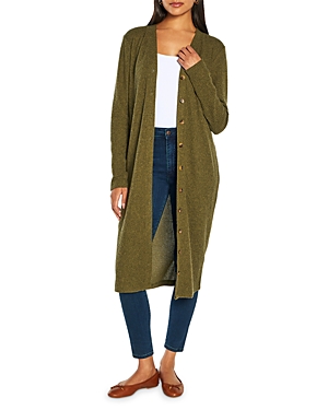 Three Dots Button Front Long Sleeve Cardigan In Olive Night