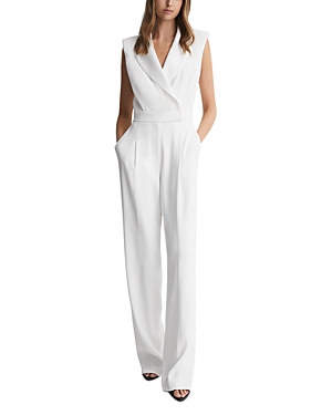 Reiss Saskia Shawl-lapel Straight-leg Woven Jumpsuit In Ivory
