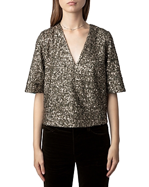 Zadig & Voltaire Sequinned V-neck T-shirt In Bronze