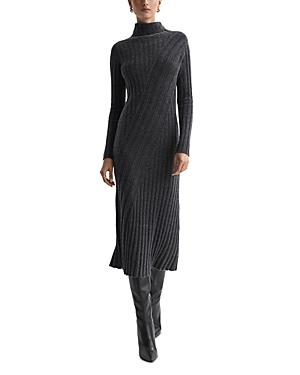 Reiss Cady Long Sleeve Mixed Rib Midi Sweater Dress In Charcoal