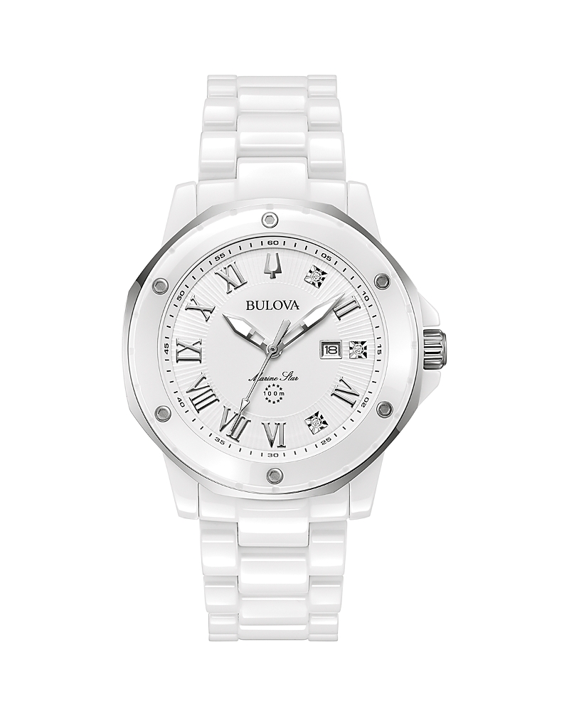 Bulova Women's Marine Star Marc Anthony Series A Diamond Accent White Ceramic Bracelet Watch 36mm In White