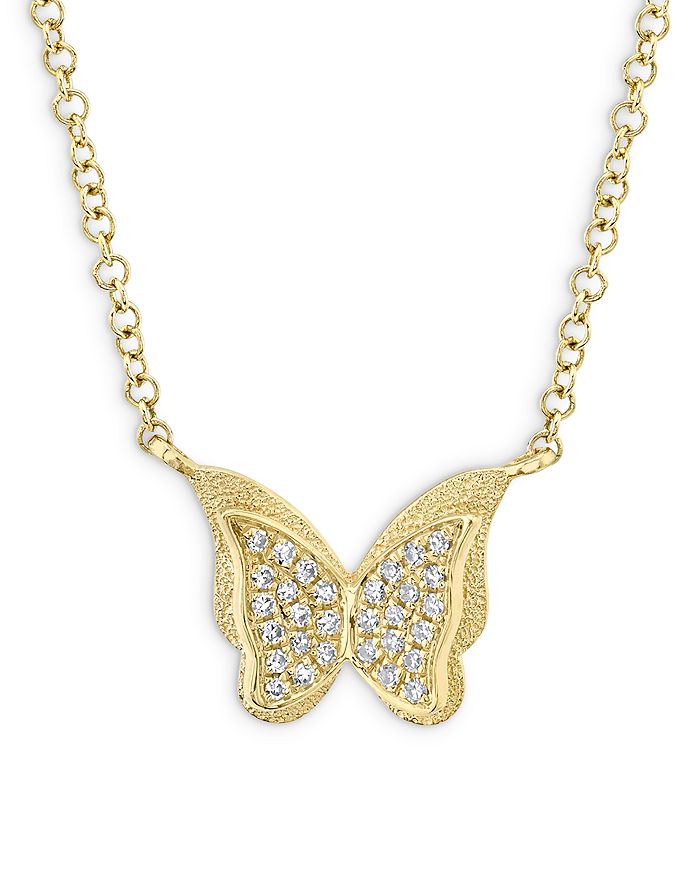 14K Yellow Gold Diamond Butterfly Pendant Necklace, 17-18