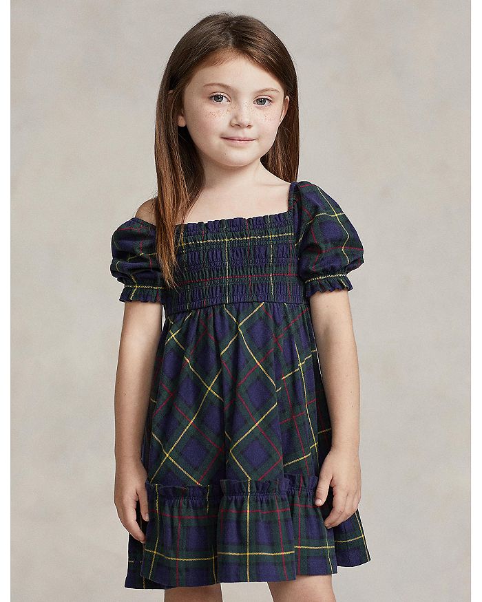 Ralph Lauren Girls' Plaid Smocked Cotton Jersey Dress - Little Kid