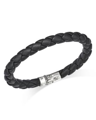 Men's Bamboo Silver Black Woven Leather Bracelet