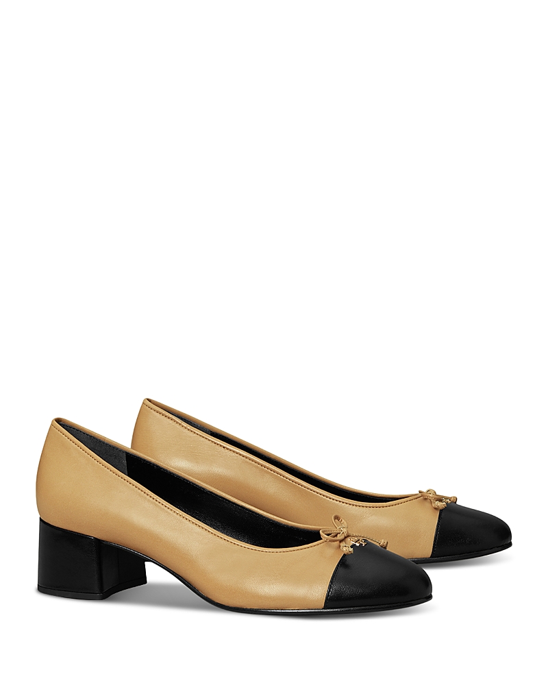 Tory Burch Beige And Black Ballet Flats With Bow Detail And Bi-color Toe In Smooth Leather In Ginger Shortbread