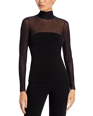 Cinq À Sept Shantel Sheer Mesh Long-sleeve Turtleneck Top In Black