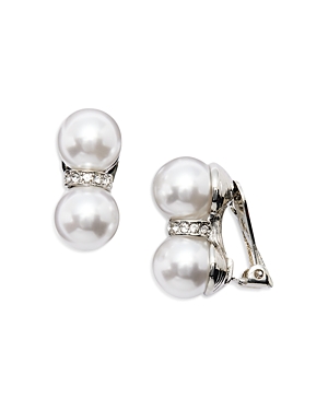Kenneth Jay Lane Pave Divider Imitation Pearl Clip On Stud Earrings In Rhodium Plated In White/silver