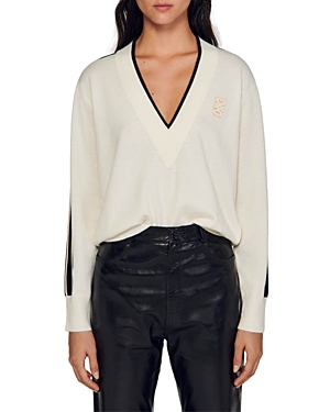 Sandro Sully Wool & Cashmere V-neck Sweater In Ecru