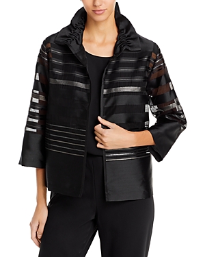 Shop Caroline Rose Sheer Stripe Ruched Collar Jacket In Multi/black