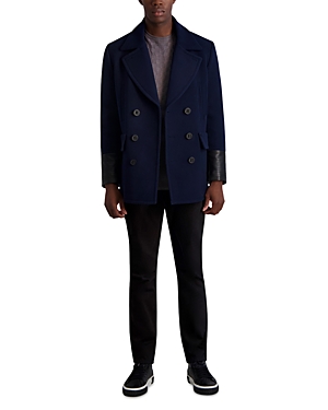 Shop Karl Lagerfeld Faux Leather Trimmed Regular Fit Double Breasted Peacoat In Navy