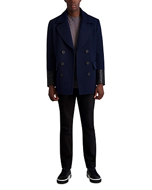 Karl Lagerfeld Double Breasted Wool Blend Peacoat In Navy