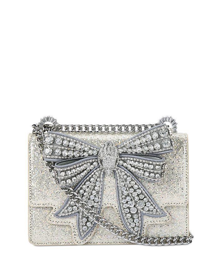 Kurt Geiger Shoreditch Small Crystal Embellished Bow Leather Crossbody In Silver