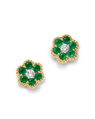 Bloomingdale's Fine Collection Emerald & Diamond Flower Stud Earrings in 14K Yellow Gold