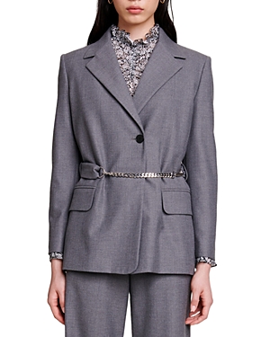 Maje Villanette Belted Blazer In Grey