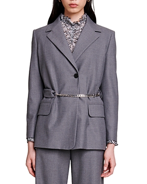 Shop Maje Villanette Chain Belt Blazer In Grey