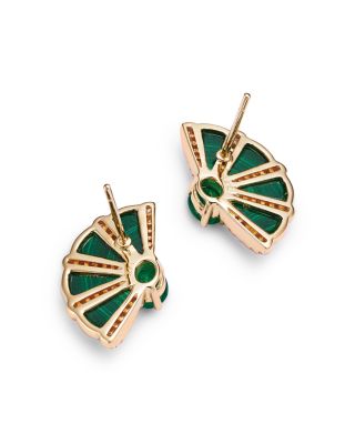 Malachite, Emerald, & Diamond Fan Stud Earrings in 14K Yellow Gold