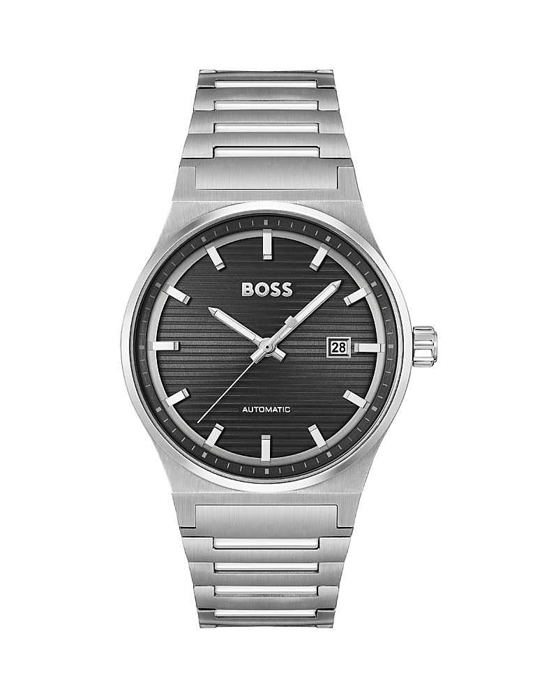 Hugo Boss Men Candor Auto Automatic Silver-tone Stainless Steel Watch 41mm In Black/silver