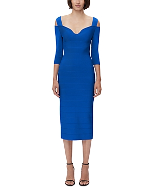 Herve Leger Notched Cold Shoulder Midi Dress In Bright Blue