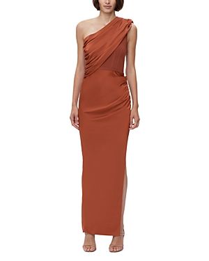 Shop Herve Leger Ruched Woven Combo Sleeveless Gown In Redwood