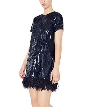 Shop Likely Marullo Sequined Feather Hem Mini Dress In Navy