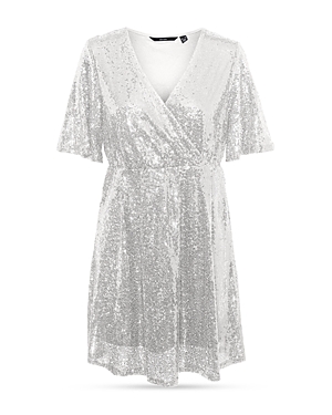Vero Moda Kaje Sequin Faux Wrap Mini Dress In Silver