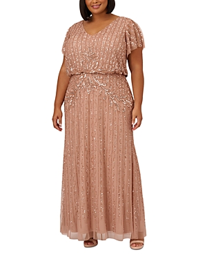 Adrianna Papell Plus Beaded Blouson Gown In Rose Gold