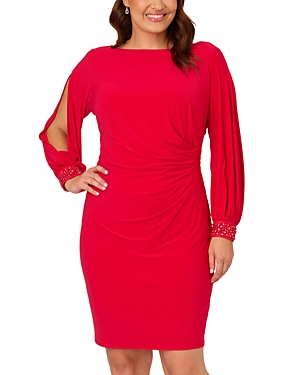 Adrianna Papell Plus Embellished Cuff Drape Back Sheath Dress In Hot Ruby