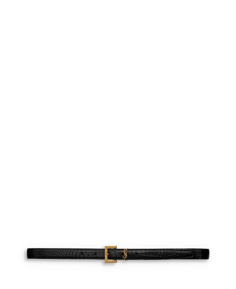 Saint Laurent Cassandre Thin Belt with Square Buckle in Crocodile-Embossed Leather in Black
