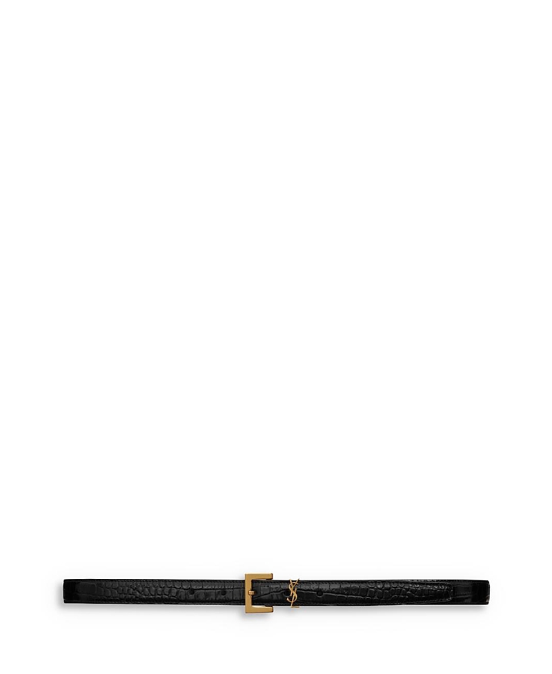 Saint Laurent Cassandre Thin Belt with Square Buckle in Crocodile-Embossed Leather