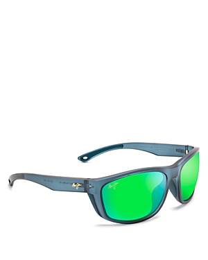 Maui Jim Nuu Landing Polarized Wrap Sunglasses, 62mm In Blue/green Mirrored Polarized Solid