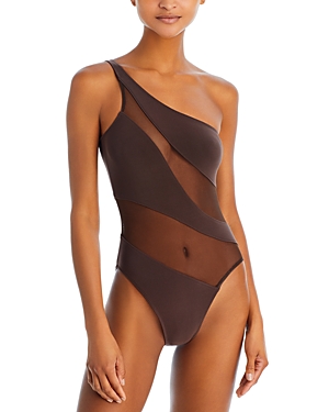 Shop Norma Kamali Snake Mesh One Shoulder One Piece Swimsuit In Chocolate