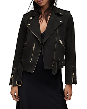 Allsaints Balfern Belted Hem Suede Biker Jacket In Washed Black