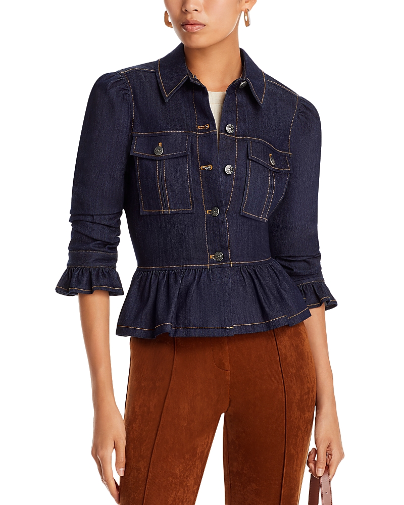 Cinq À Sept Delanie Scrunched-sleeve Peplum Denim Jacket In Indigo