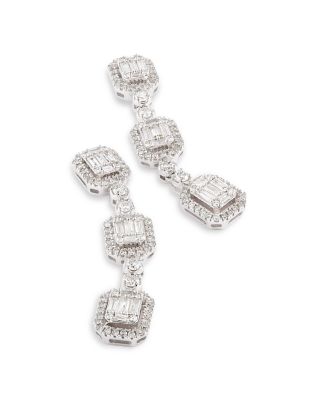 Diamond Mosaic Round &amp; Baguette Halo Drop Earrings in 14K White Gold, 1.0 tcw