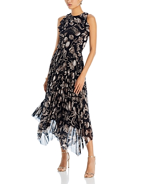Shop Jason Wu Collection Marine Print Pleated Dress In Black/parchment
