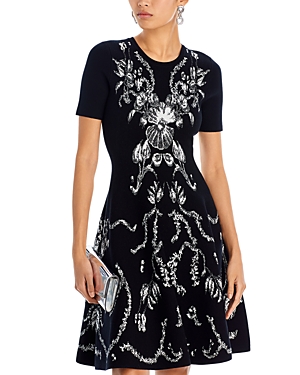 Shop Jason Wu Collection Jacquard Short Sleeve Flare Hem Dress In Black/chalk