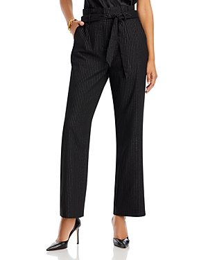 T Tahari Pinstriped Belted Pants In Black Silver