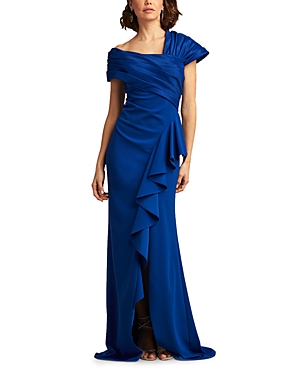 Shop Tadashi Shoji Asymmetrical Ruffled Crepe Gown In Mystic Blue