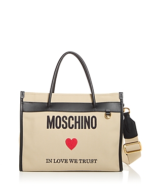 Moschino In Love We Trust Canvas Shopper Tote In Beige Multi