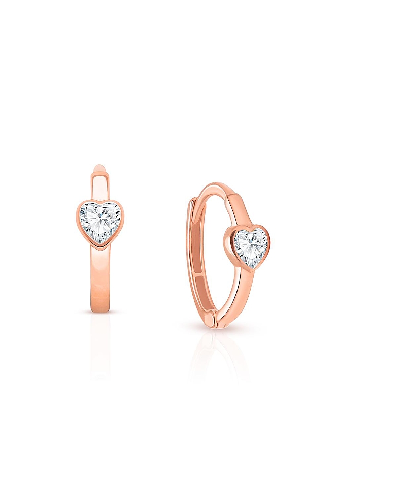 Tiny Blessings Children's 14k Gold True Love Clear Heart Girls' Huggie Hoop Earrings In K Rose Gold