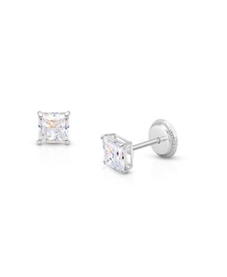  Girls 14K Gold 4mm Princess Cut Studs Screw Back Earrings - Children
