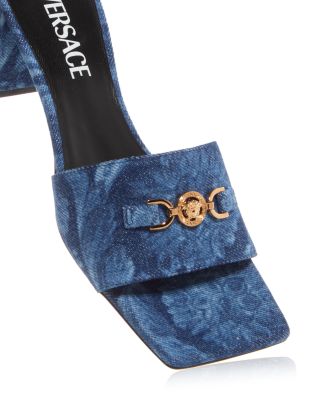 Versace Women's Baroque Print Denim Block Heel Slide Sandals