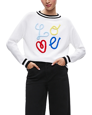 Shop Alice And Olivia Albina Embroidered Wool Raglan Sweater In Soft White Black