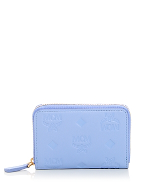 Mcm Aren Embossed Monogram Leather Zip Around Card Case In Della Robbia Blue